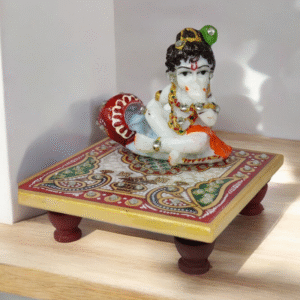 Handcrafted Marble Krishna with 4-Corner Chowki (11 cm, Medium) from Rajasthan. Perfect for home décor, office desk, pooja, and gifting. Auspicious idol with intricate stonework.