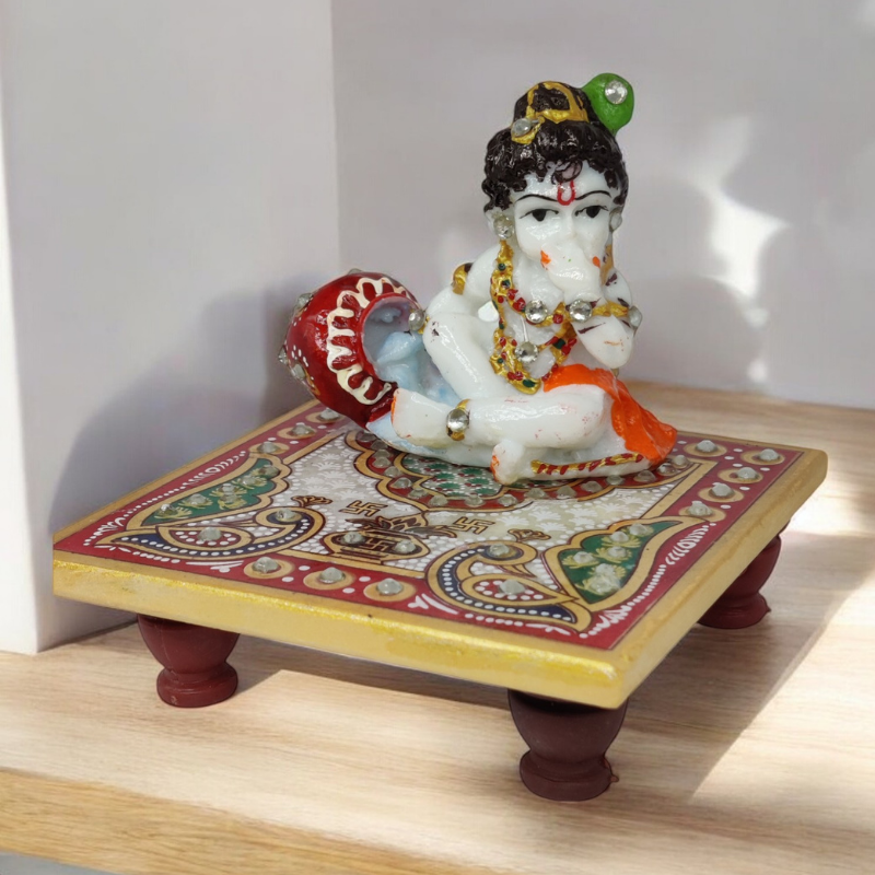 Krishna Chowki (1) Handcrafted Marble Krishna with 4-Corner Chowki (11 cm, Medium) from Rajasthan. Perfect for home décor, office desk, pooja, and gifting. Auspicious idol with intricate stonework.
