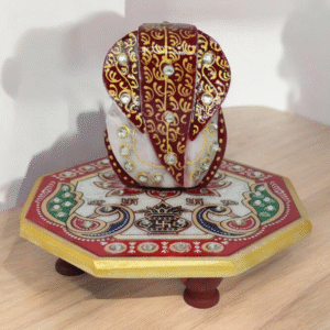 Handcrafted Marble Ganesh with 6-Corner Chowki (11 cm, Medium) from Rajasthan. Perfect for home décor, office desk, pooja, and gifting. Auspicious idol with intricate stonework.