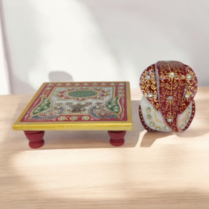 Handcrafted Marble Ganesh with 4-Corner Chowki (11 cm, Medium) from Rajasthan. Perfect for home décor, office desk, pooja, and gifting. Auspicious idol with intricate stonework.