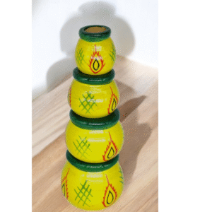 Wooden pot set, handcrafted wooden pots, Channapatna pot craft, wooden décor for office, eco-friendly wooden handicraft, traditional Indian craft décor, handmade wooden gifts, wooden table décor set, colorful wooden pot set
