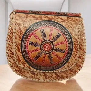 Shantiniketan leather hand stitched sling bag wheel design 21 cm