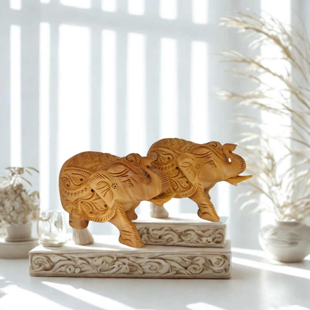 Wooden Carved Elephant Set (2) Channapatna Wooden Carved Elephant Set