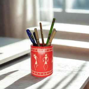 Channapatna wooden pen stand Pink folk cylindrical 9 cm